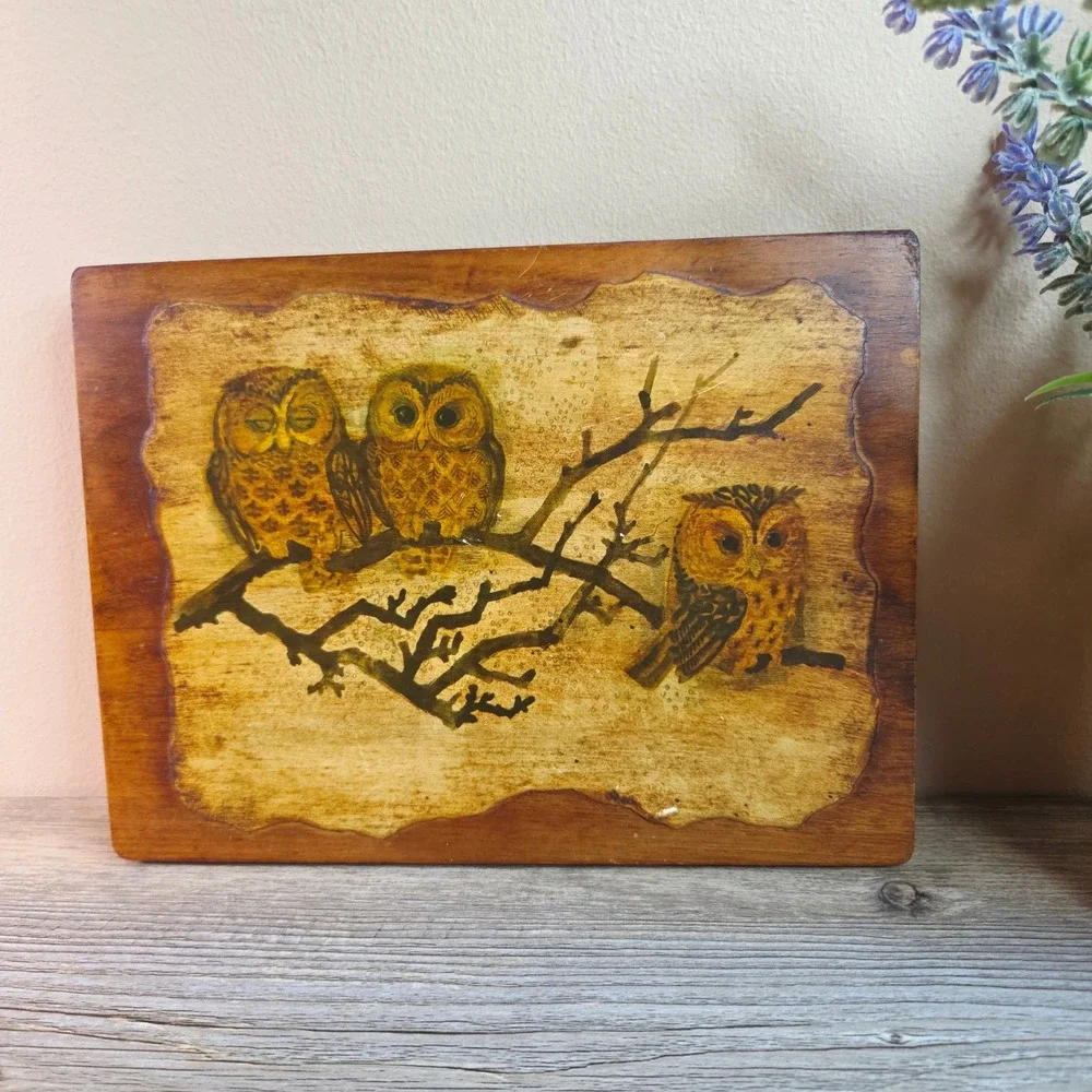 Vintage Owl Wood Wall Plaque Art 70s MCM Retro Cabin Decor Trio Owls Branch 8x6